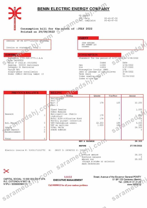Benin Electric Company Word and PDF utility bill template